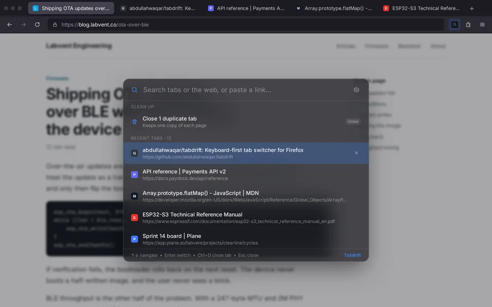 Tabdrift overlay in Firefox listing recent tabs with a search box and a close-duplicates suggestion